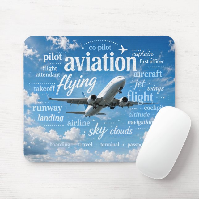 Tapis De Souris Avion volant dans un nuage de mots (Avec souris)
