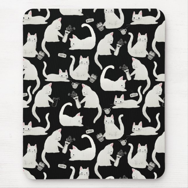 Tapis De Souris Bad Cats Knocking Stuff Over, White Cats on Black (Devant)