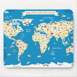 Tapis De Souris Badine la carte du monde avec des animaux