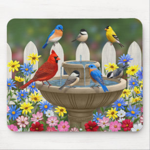Tapis De Souris Bain d'oiseaux coloré du jardin de printemps