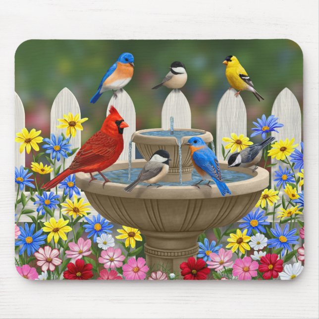 Tapis De Souris Bain d'oiseaux coloré du jardin de printemps (Devant)