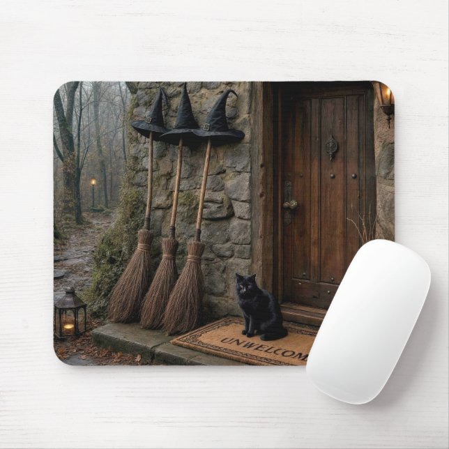 Tapis De Souris Balais de sorcière et chat d'Halloween (Avec souris)
