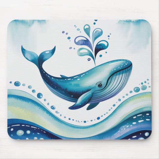 Tapis de souris Baleine bleue aquarelle et points  (Devant)