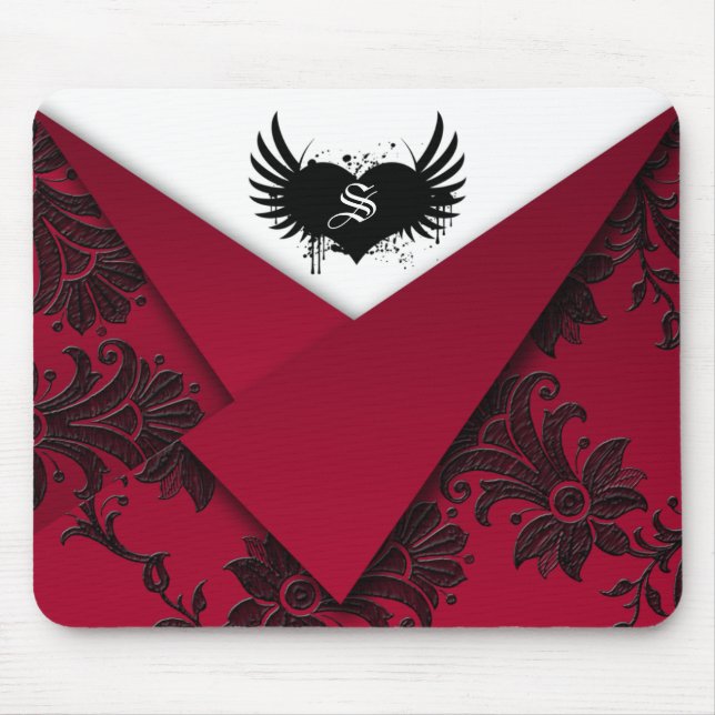 Tapis de souris baroque rouge et noir à monogramme (Devant)