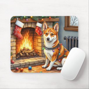 Tapis De Souris Basenji assis près de la cheminée avec des lumière