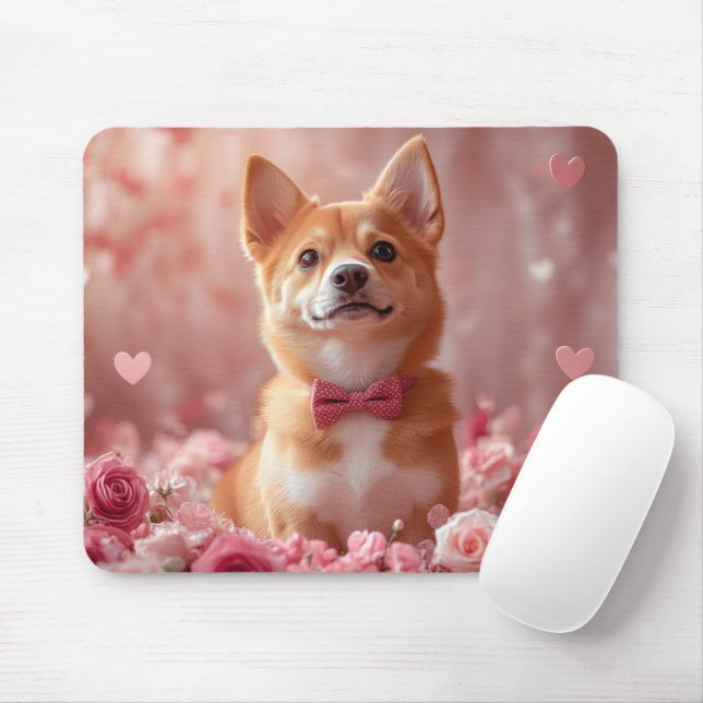 Tapis De Souris Basenji avec des roses - Saint-Valentin (Avec souris)
