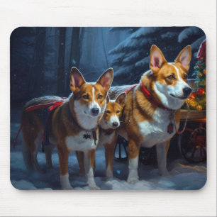 Tapis De Souris Basenji enneigé traîneau décor de Noël