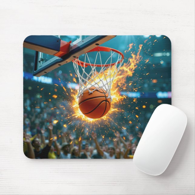 Tapis De Souris Basket-ball en feu dans le filet (Avec souris)
