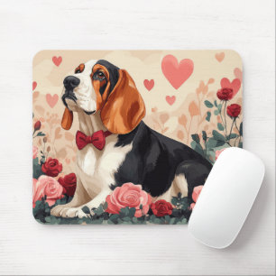 Tapis De Souris Basset Hound avec des roses - Saint-Valentin 