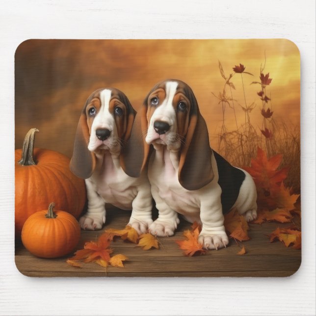 Tapis De Souris Basset Hound Chiot Automne Citrouille de plaisir (Devant)