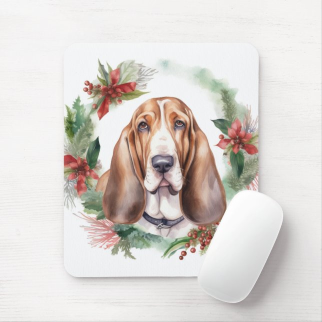 Tapis De Souris Basset Hound Festive Wreath de Noël Pup (Avec souris)