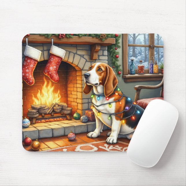 Tapis De Souris Basset Hound Fireplace with Christmas Lights (Avec souris)