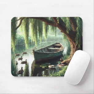 Tapis De Souris Bateau à rames en bois sous un saule pleureur