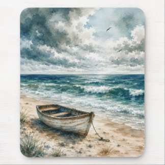 Tapis De Souris Bateau à rames patiné à l'aquarelle sur une plage
