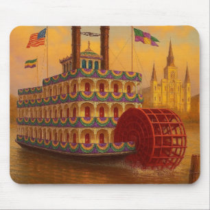 Tapis De Souris Bateau à vapeur à roue à aubes Mardi Gras vintage