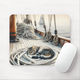 Tapis De Souris Bateau À Voile Tabby Chat Dormir Sur Les Cordes