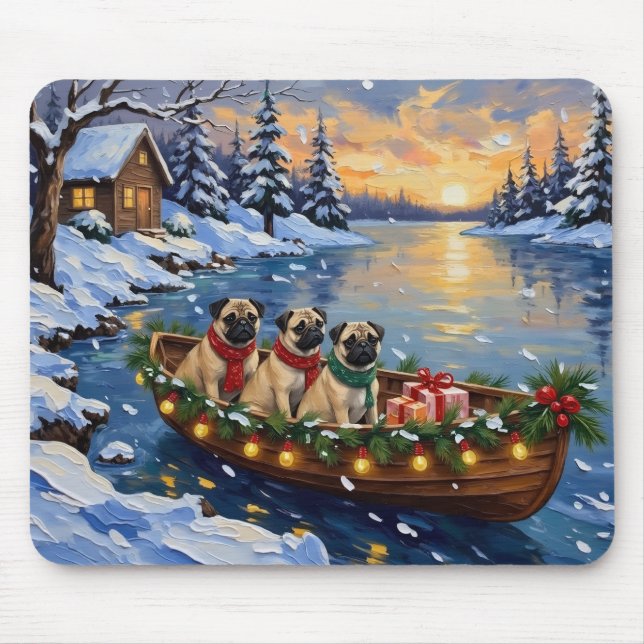 Tapis De Souris Bateau de Noël Pug Fêtes (Devant)
