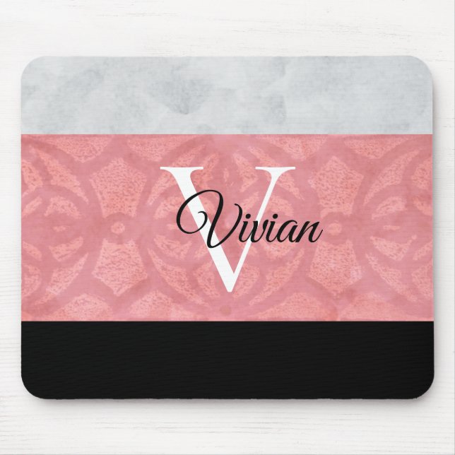 Tapis De Souris Batik Rose Ruddy Et Aquarelle Gris Monogramme (Devant)