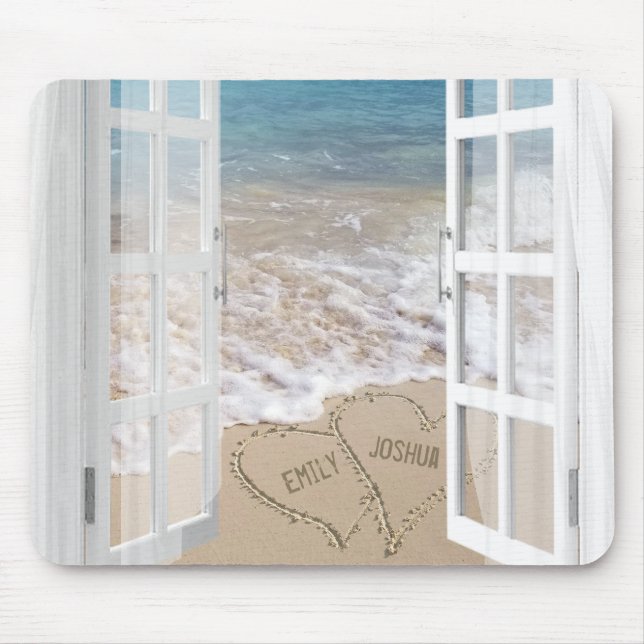 Tapis De Souris Beach Sand Heart avec fenêtre ouverte (Devant)