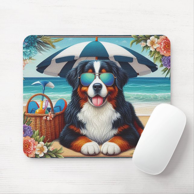 Tapis De Souris Beachside Bernese Bliss : Chien Cool avec lunettes (Avec souris)