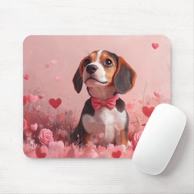 Tapis De Souris Beagle avec des roses - Saint-Valentin (Avec souris)