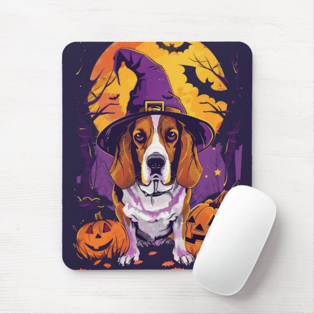 Tapis De Souris Beagle éffrayant Halloween Witch Et Citrouille (Avec souris)