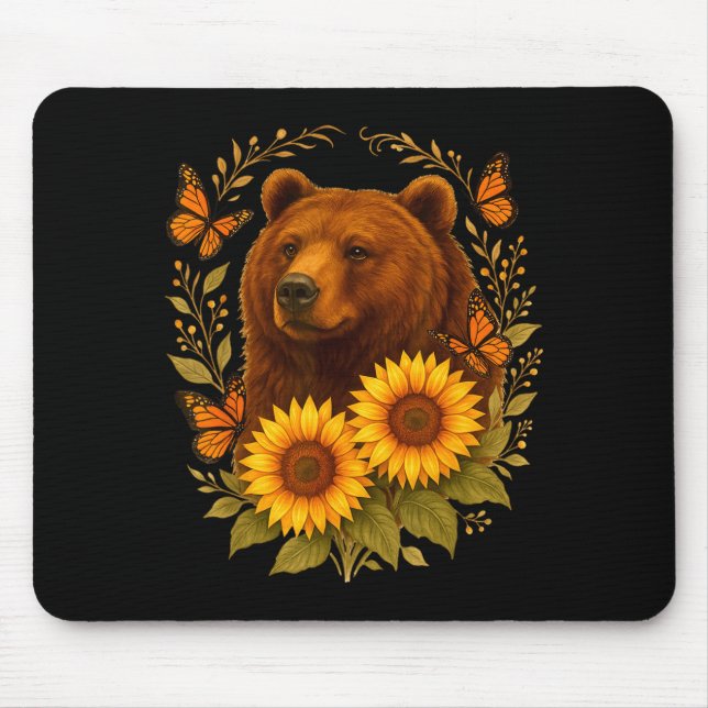 Tapis De Souris Bear Butterfly Nature Rustic Sunflower Monarch Art (Devant)