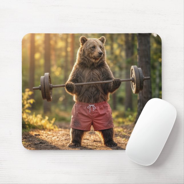 Tapis De Souris Bear Lifting Weights In a Sunny Forest (Avec souris)