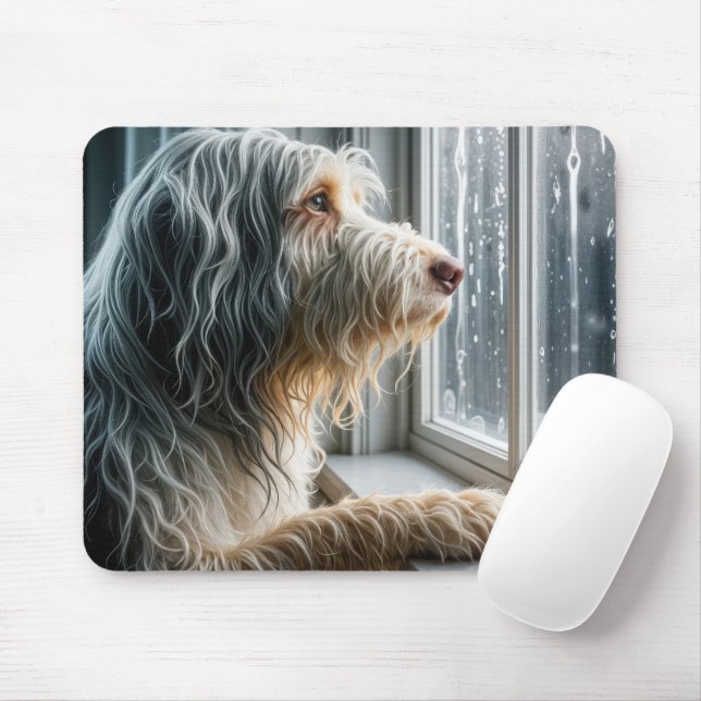 Tapis De Souris Bearded Collie Looking at a Rainy Window (Avec souris)