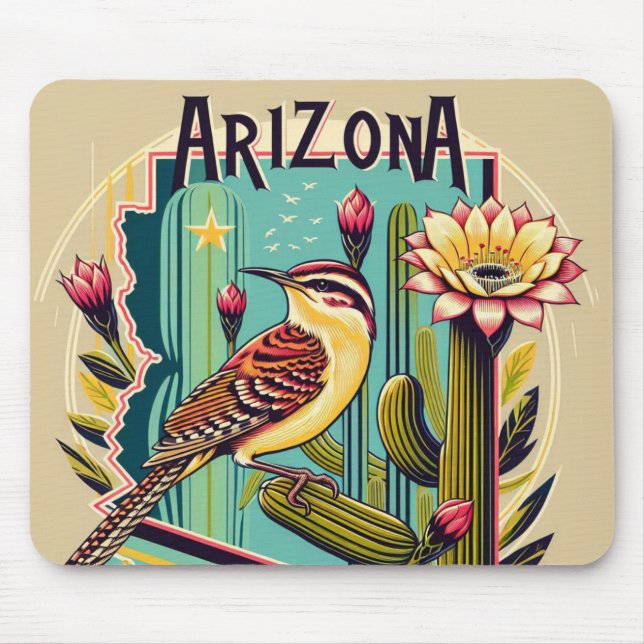 Tapis De Souris Beau Art Déco d'Arizona Oiseaux et Fleurs (Devant)