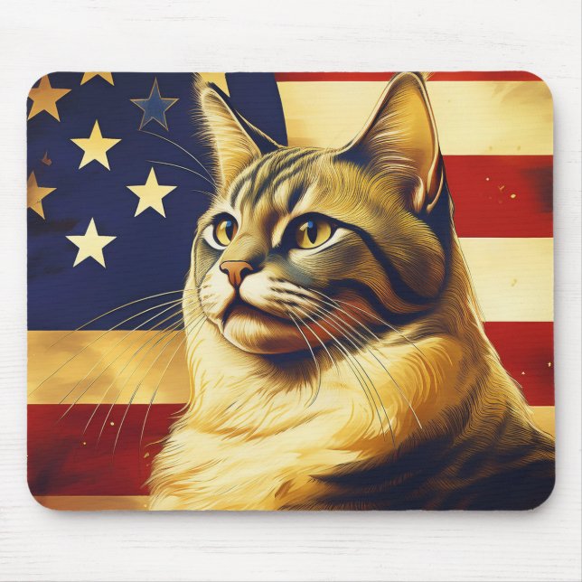 Tapis De Souris Beau Chat avec Arrière - plan de drapeau américain (Devant)