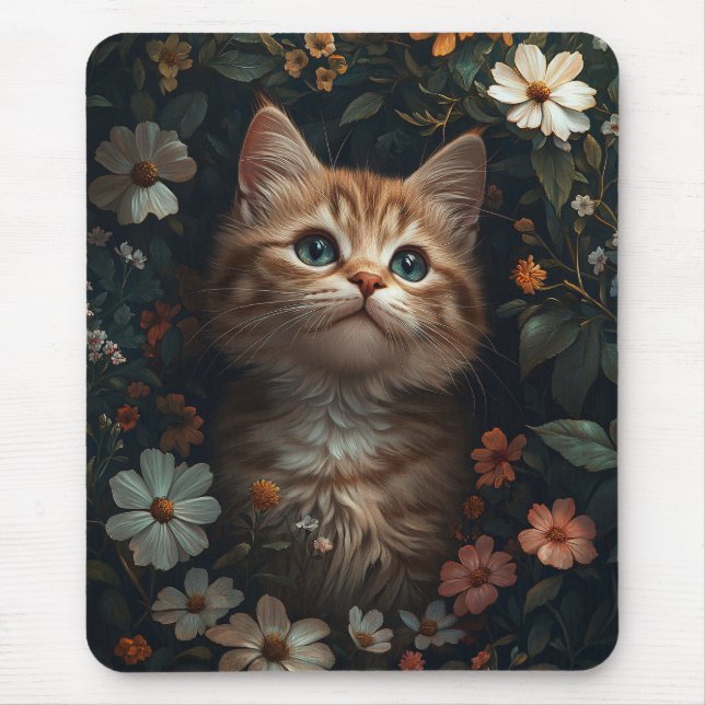 Tapis De Souris Beau chaton orange avec Fleur sauvage (Devant)