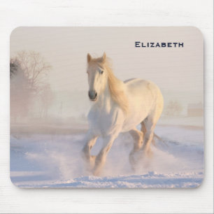 Tapis De Souris Beau Cheval Blanc Galloping dans la neige
