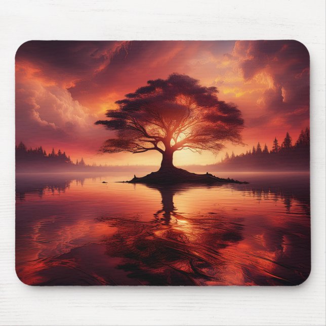 Tapis De Souris Beau Coucher De Soleil Avec Arbre En Avant-Plan (Devant)