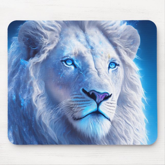 Tapis De Souris Beau Lion blanc mystique aux yeux bleus (Devant)