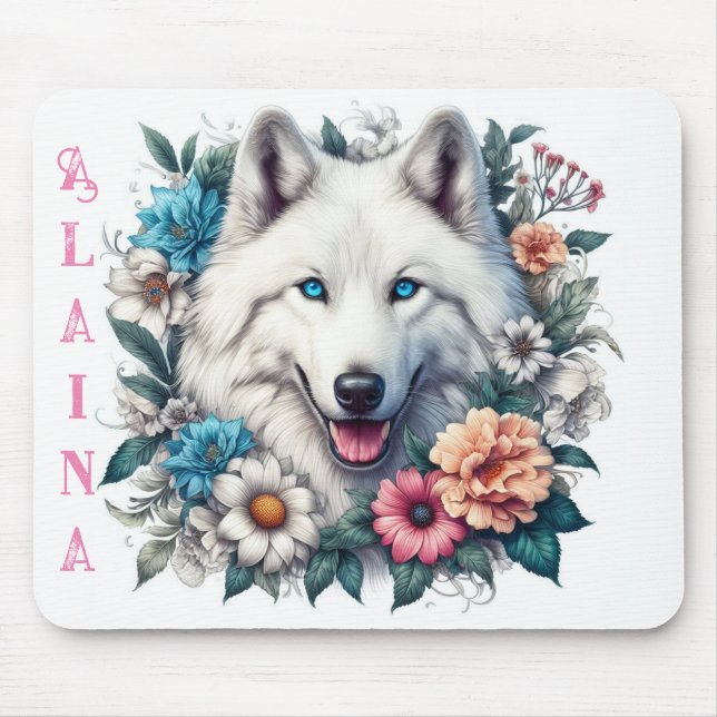 Tapis De Souris Beau loup blanc aux fleurs (Devant)