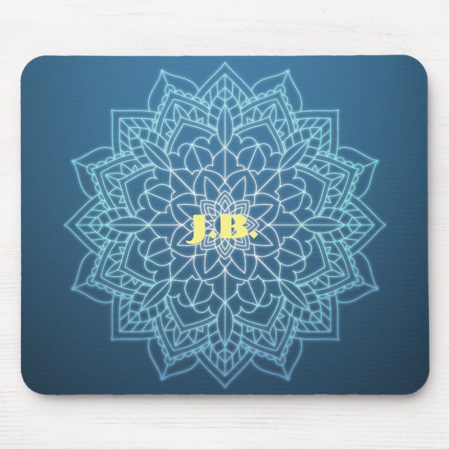 Tapis De Souris Beau Mandala bleu avec Monogramme (Devant)