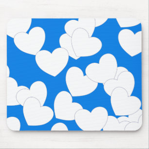 Tapis De Souris Beau Mousepad Bleu Avec Gros Coeurs Blancs