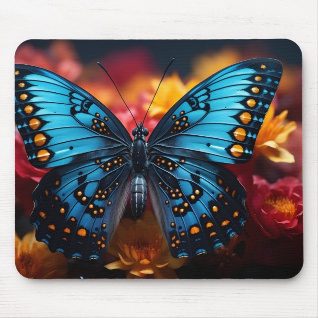 Tapis De Souris Beau Papillon Bleu et Jaune sur des Fleurs  (Devant)