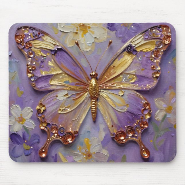 Tapis De Souris Beau Papillon Violet et Fleurs (Devant)