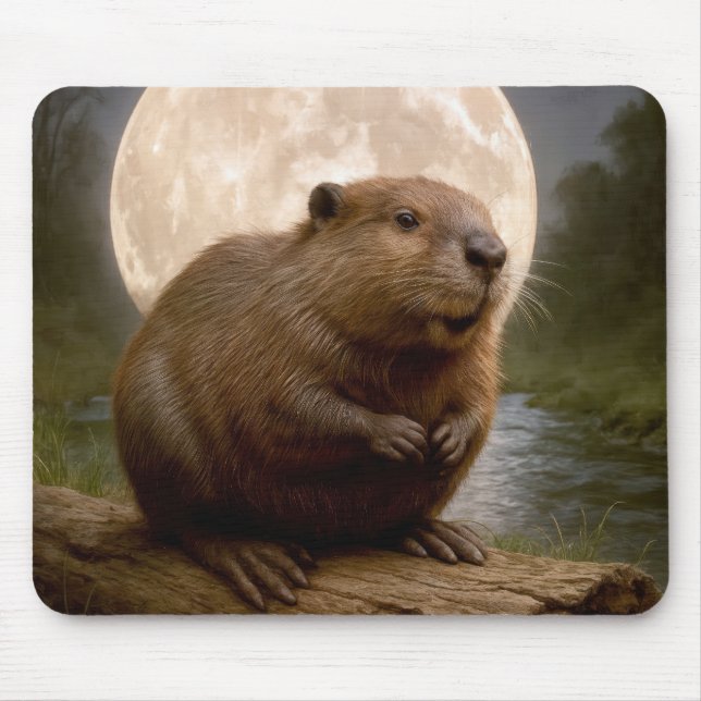 Tapis De Souris Beaver On a Log With Full Moon (Devant)