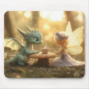Tapis De Souris Bébé dragon mignon et fée appréciant le thé