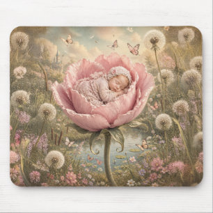 Tapis De Souris Bébé endormi dans une fleur rose 