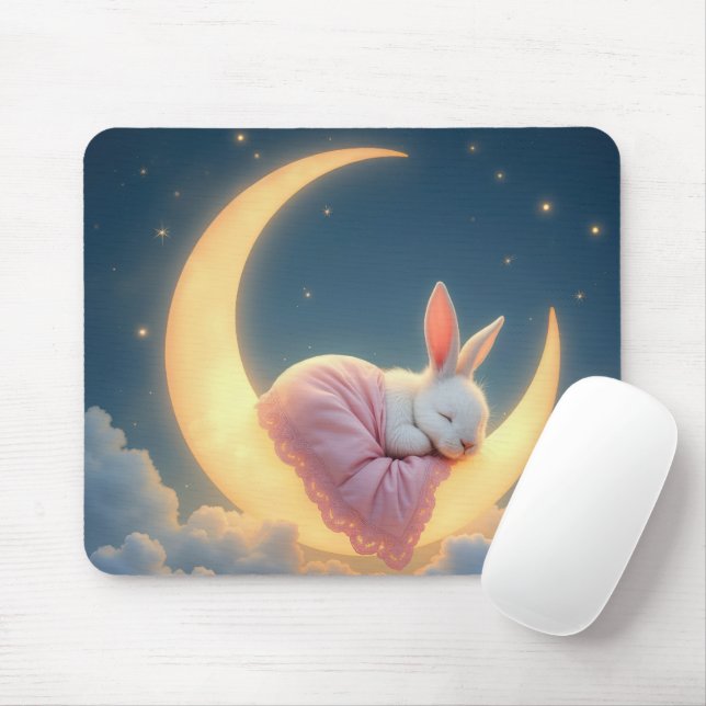 Tapis De Souris Bébé lapin dormant sur une lune (Avec souris)