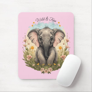Tapis De Souris Bébé mignon Eléphant Calf Fleur sauvage Wanderlust