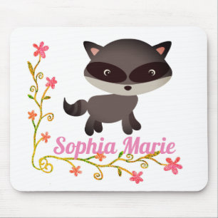 Tapis De Souris Bébé mignon Raccoon avec fleurs