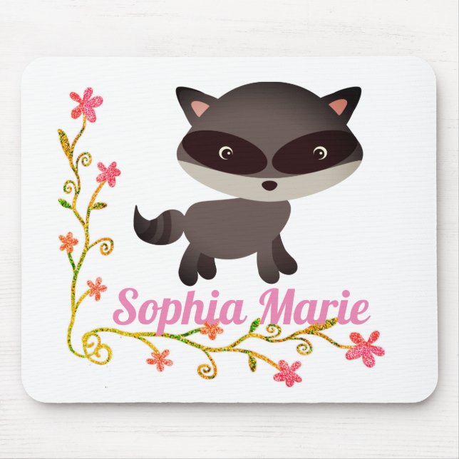 Tapis De Souris Bébé mignon Raccoon avec fleurs (Devant)