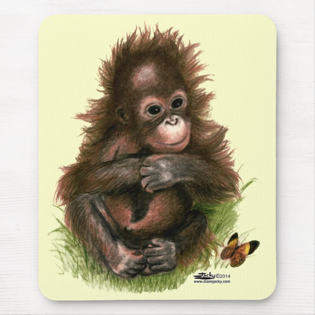Tapis De Souris Bébé orang-outan et papillon (Devant)