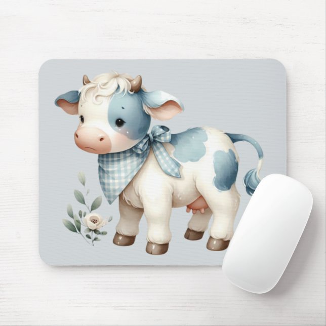 Tapis De Souris Bébé Vache Gingham Bleu Pastel Esthétique Ferme (Avec souris)