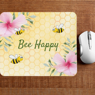 Tapis De Souris Bee Happy bumble abeilles jaune nid d'abeille flor